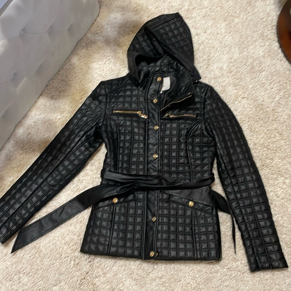 Guess women jacket coat black gold small tufted hood belt like new faux leather